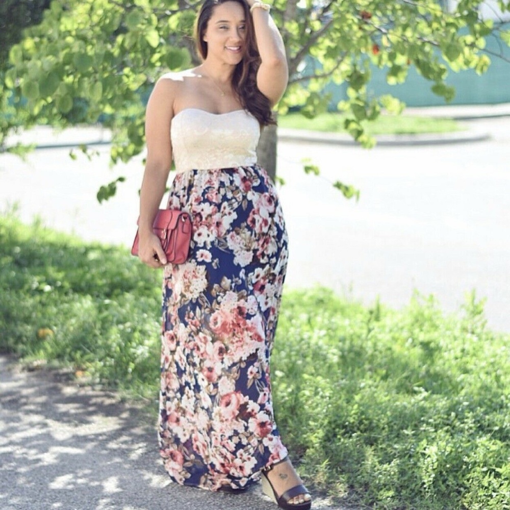 A'GACI Lace Floral Strapless Maxi Dress